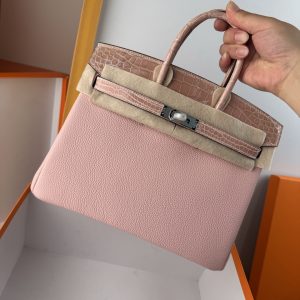 TouchBK; Size 25; Q-pink Togo leather with high-gloss crocodile leather, hand-sewn waxed thread, all-steel hardware, goat leather lining
