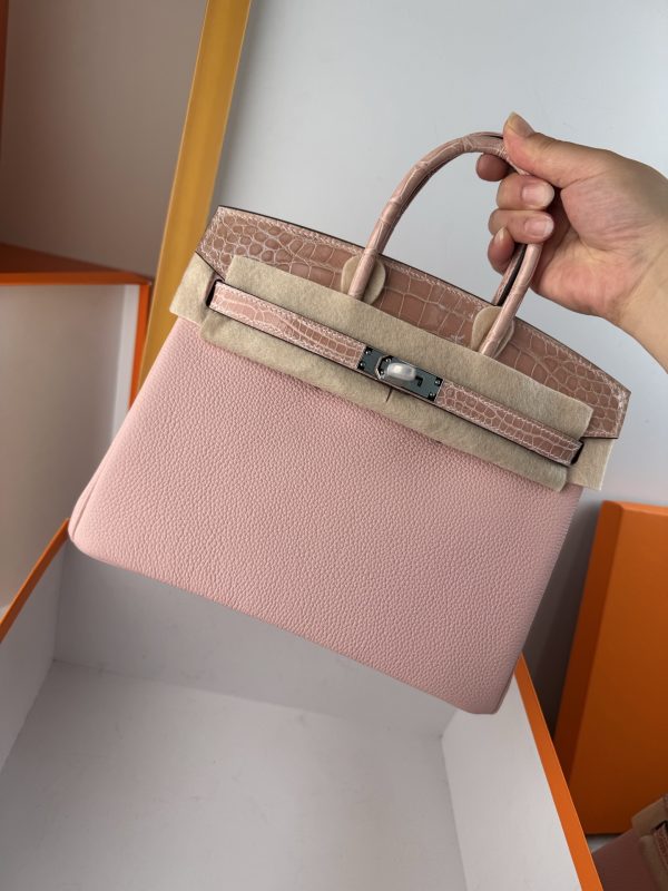 TouchBK; Size 25; Q-pink Togo leather with high-gloss crocodile leather, hand-sewn waxed thread, all-steel hardware, goat leather lining