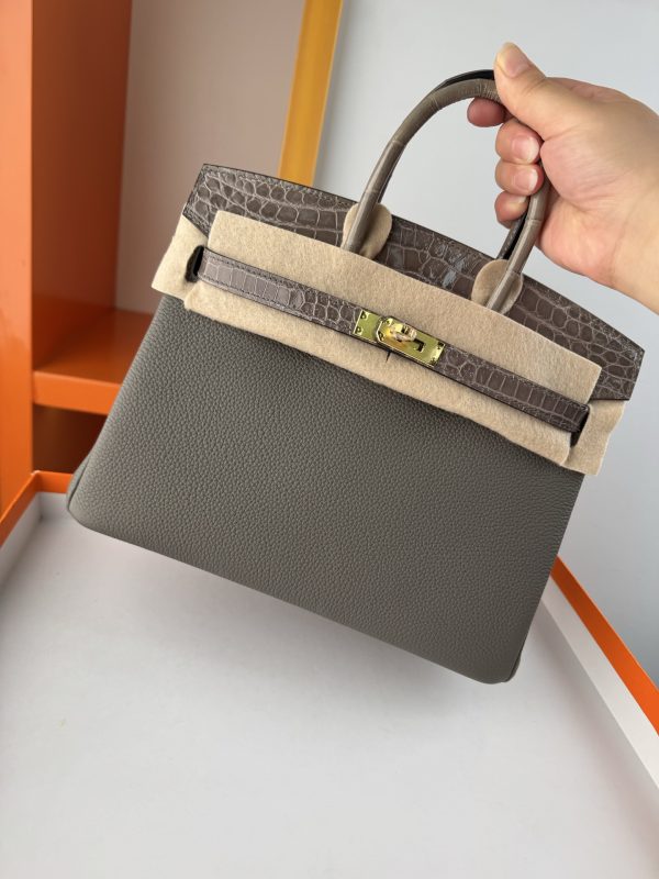 TouchBK; Size 25 Cumulonimbus Grey Togo leather and high-gloss crocodile leather Hand-sewn waxed thread All-steel hardware Goatskin lining