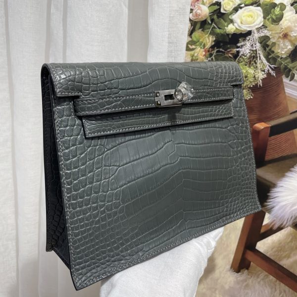 Imported crocodile matte belly Kelly Danse dance bag, stone gray silver buckle, size; 22X17X7💕 - Image 3
