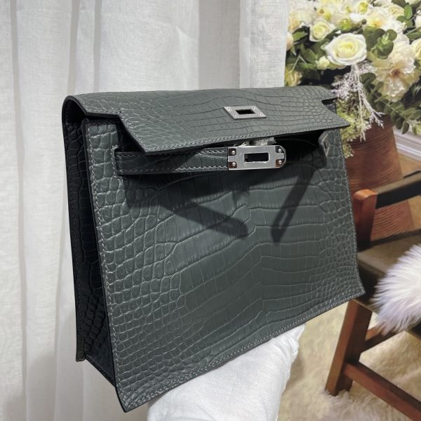 Imported crocodile matte belly Kelly Danse dance bag, stone gray silver buckle, size; 22X17X7💕 - Image 7