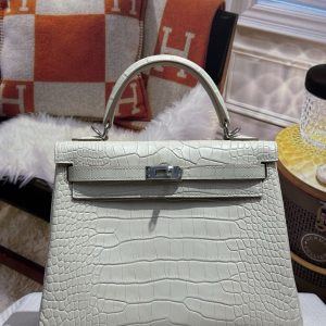 Kelly25 imported American matte crocodile leather, glacier white, made of three pieces of leather, with imported sheepskin lining, full set of hand-nailed hardware [color]