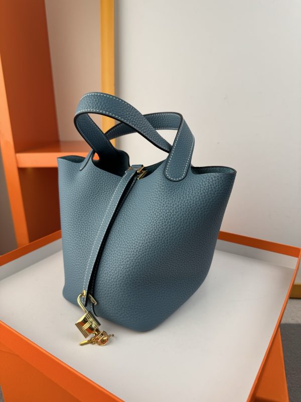 In stock✨Vegetable basket denim blue  Tc leather vegetable basket 18cm hand-sewn wax thread🧵 - Image 8