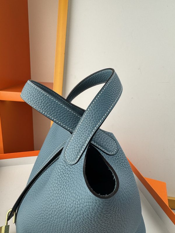 In stock✨Vegetable basket denim blue  Tc leather vegetable basket 18cm hand-sewn wax thread🧵 - Image 9